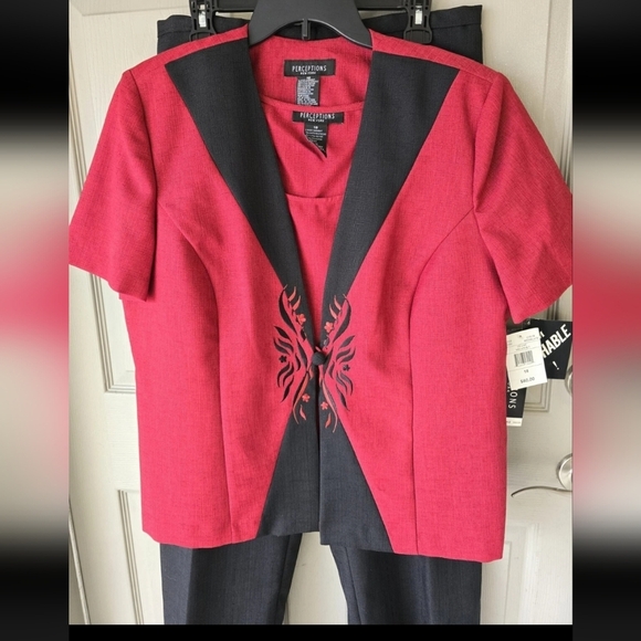Perceptions 3 Piece Pant Suit Sz 18 Red Black Long Sleeve Embroidered Career New - Picture 3 of 12